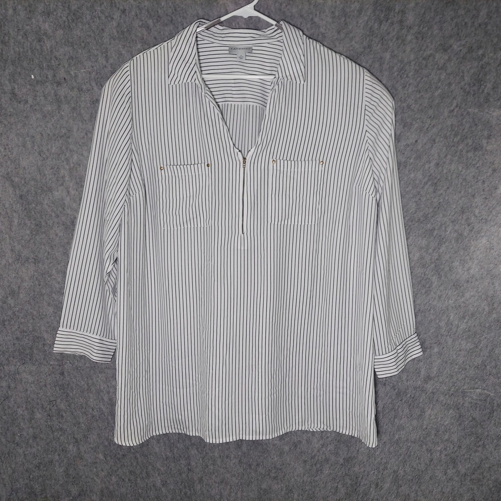 Catherines Blouse 2X White Striped Minimalist Collar Zip Front 3/4 Sleeve Tunic